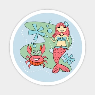 Cute Sweet Retro Mermaid Girl and Funny Crab Friend Magnet